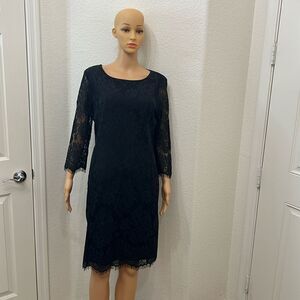 Simply Styled Dress  Sz Large Black Floral Lace Scoop Neck Long Sleeve Midi New